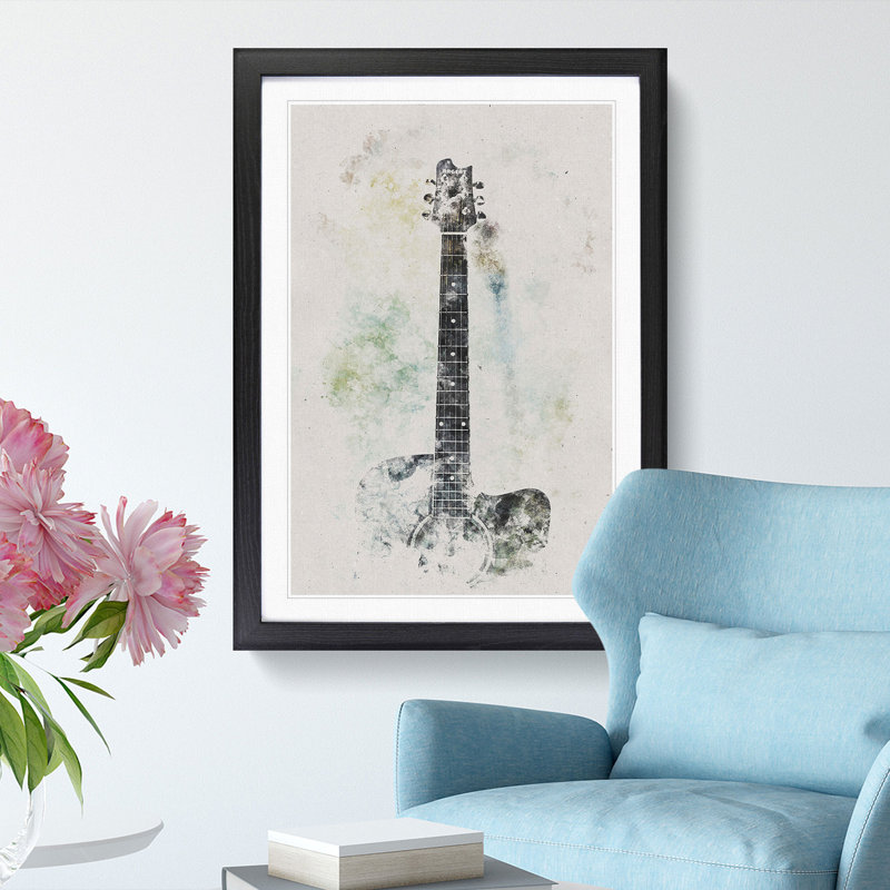 Acoustic Guitar Watercolour - Picture Frame Graphic Art, 45cm H x 33cm W x 2cm D, Black Framed
