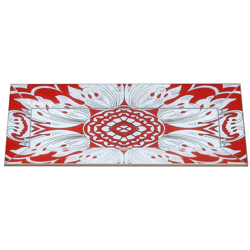 Plateau de miroir peint à la main avec bords biseautés, H 1,2 po x l 5,9 po x P 15,7 po, Rouge / argenté