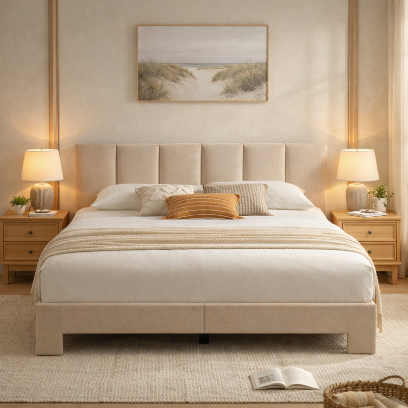 Coletti 44“ Tall Headboard Linen Upholstered Platform Bed, Beige, King
