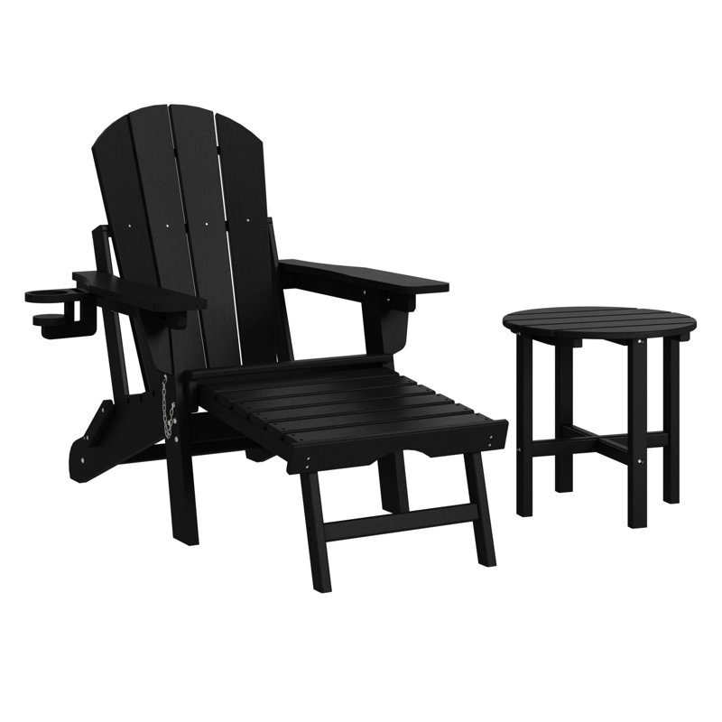 Outdoor Folding Adjustable Adirondack Chair With Hideaway Ottoman & Round Side Table, Black
