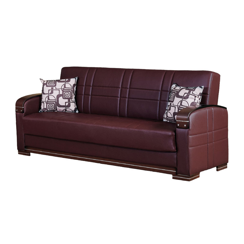 Zayac Twin 89'' Faux Leather Convertible Sofa, Brown Faux Leather