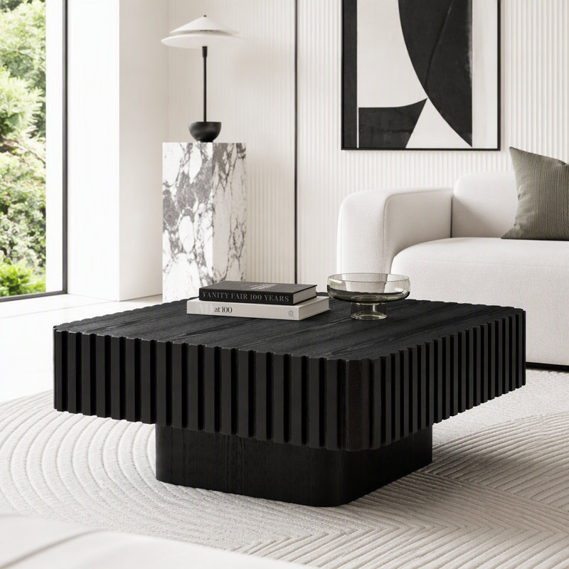Table basse carrée artisanale en forme de tambour, L 35,43 po, Noir