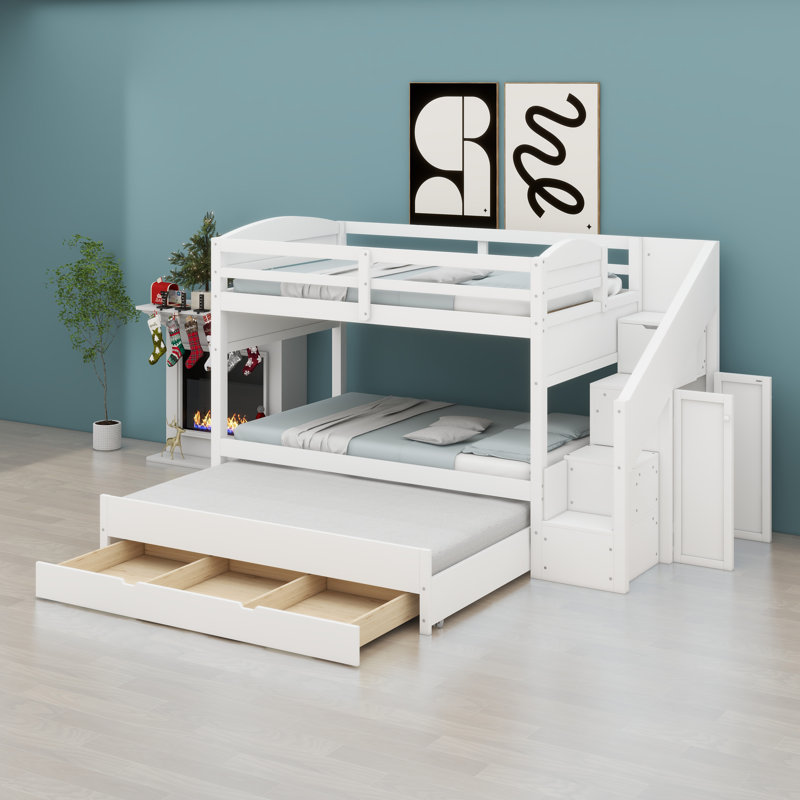 Bunk Bed with Trundle, Integrated Storage Staircase, Drawers, and Wardrobe, White