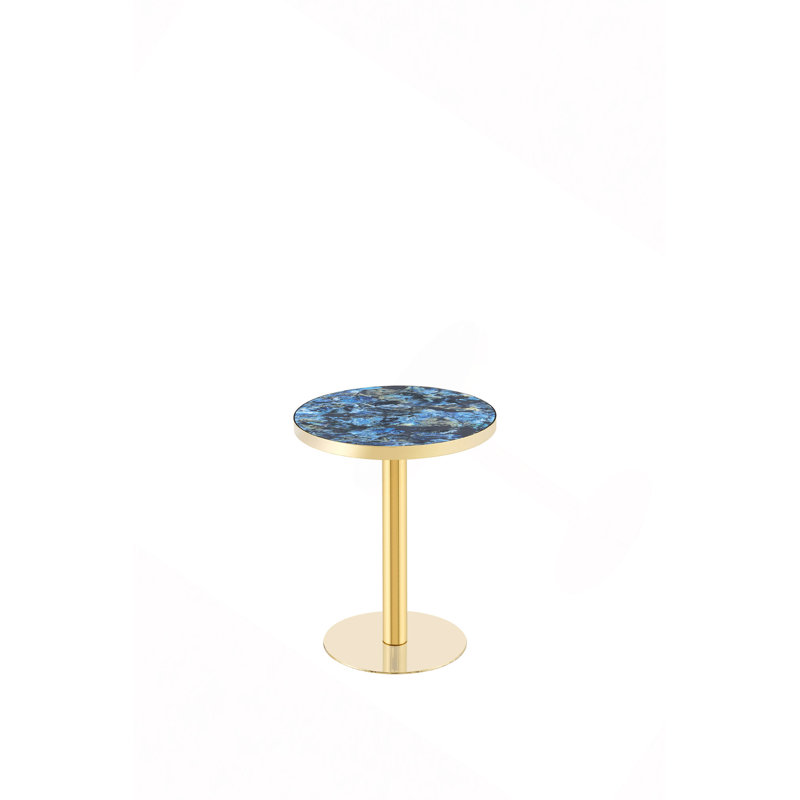 Panneau de fibres à densité moyenne rond de 23,6 po recouvert d'un comptoir de peinture UV, texture marbre, bordure en acier inoxydable, pieds de table en métal, table basse moderne et luxueuse.
