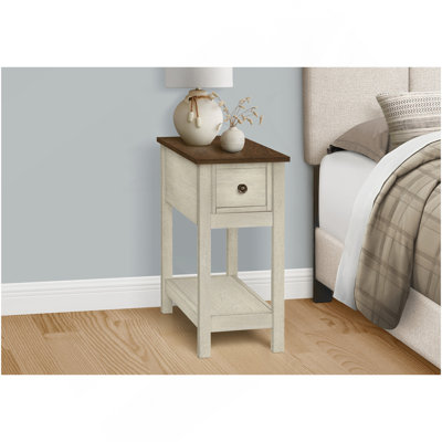 Table d'appoint, bout, table d'appoint, 2 niveaux, étroit, chambre à coucher, lampe, tiroir de rangement, placage blanc antique, placage brun, transitionnel