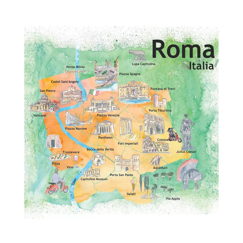 Rome Italy Illustrated Travel Poster by Markus & Martina Bleichner - Painting on Canvas, Wrapped Canvas