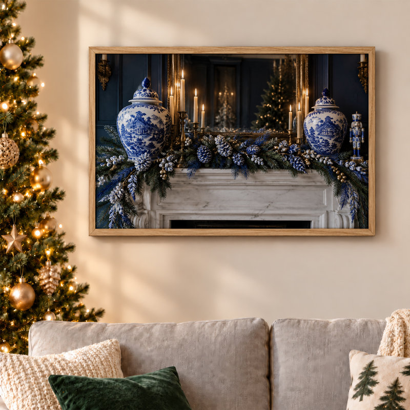 «Blue Porcelain Jars and Pinecone Garland on Christmas», art mural sur toile, 18"H x 24"W