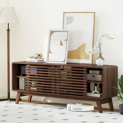  Meuble télé avec portes coulissantes, tablettes réglables et pieds en bois d'hévéa pour téléviseur de 65 po ou moins