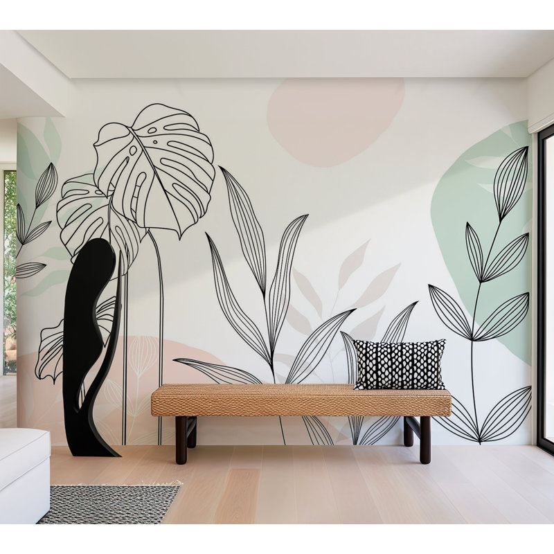 Papier peint botanique - Feuilles pastel, L 82 po x l 118 po