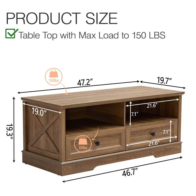 Farmhouse Coffee Table with Storage, 47.2" Wood Coffee Table with Drawers & Open Shelf, Rectangle Living Room Center Table