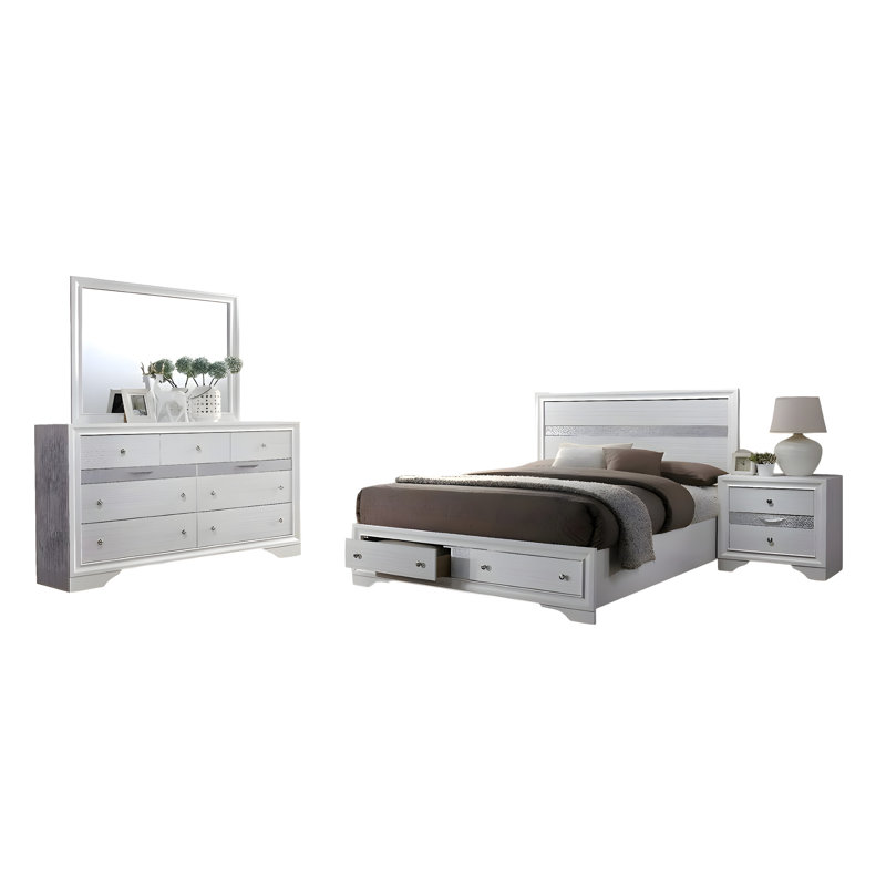 Ensemble de chambre avec grand lit 4 pièces Cevy avec commode, détails argentés, bois gris, Gris / argenté