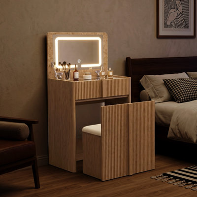 Meuble-lavabo cannelé de 23,6 po de largeur avec miroir et 3 lumières colorées pour petits espaces