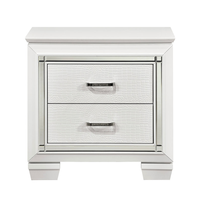 Table de chevet glamour blanche à 2 tiroirs avec façades en faux alligator et effet moderne, Blanc