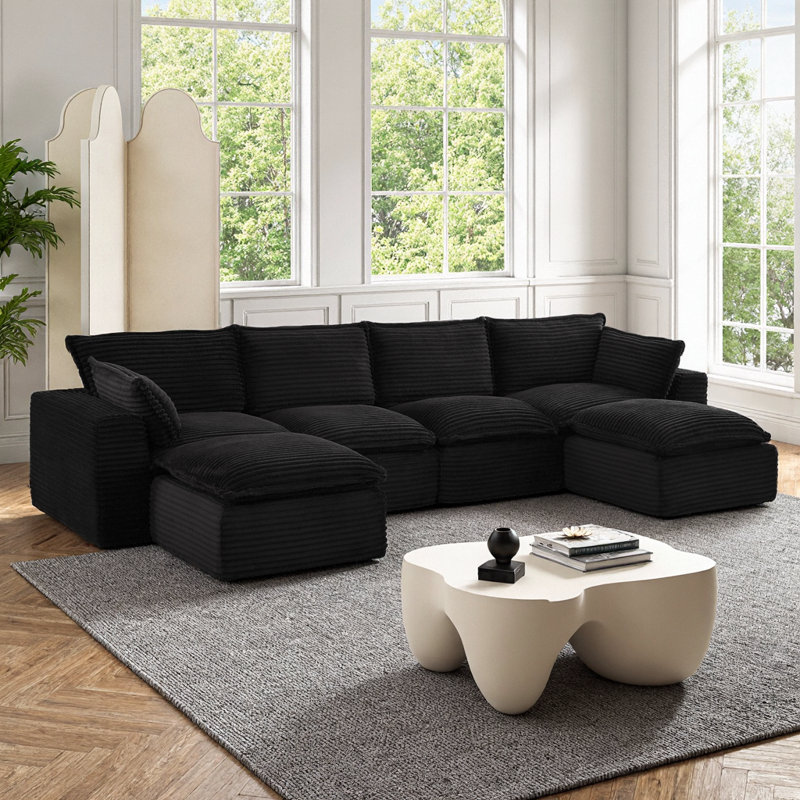 Cloud U-Shape Convertible Sectional Sofa with Ottoman, Plush Black Corduroy, No Assembly Needed, Black
