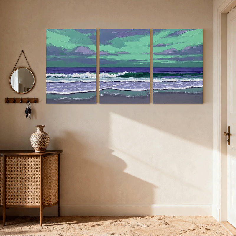 Nautical & Beach Ocean Waves Sky Clouds Beach Sunset Art Canvas Set of 3 Canvas Wall Art Prints, 18" H x 36" W