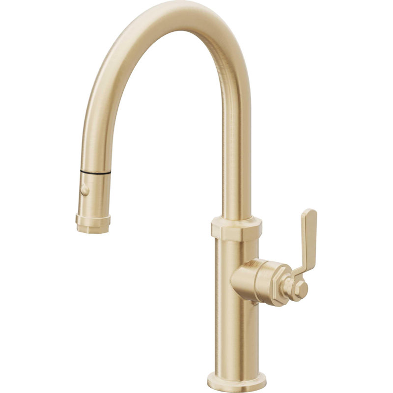 Pull-Down Kitchen Faucet With Button Sprayer - Low Arc Spout, Satin Brass