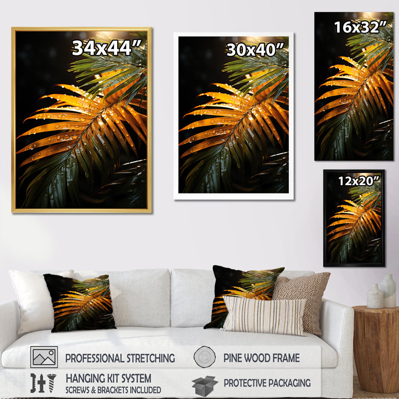 «Sunset Tropical Palm Tree Leaves III», reproduction sur toile, Cadre blanc, H 32 po x l 16 po x P 1 po