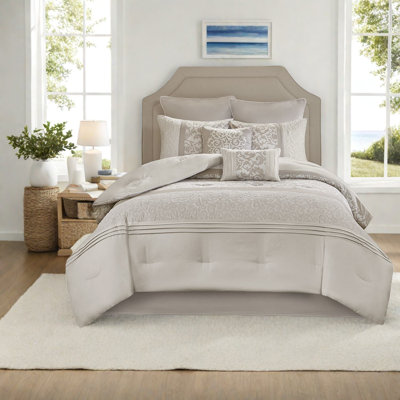 Elegant 8-piece Bedding Set, Soft Microfiber, Embroidered Neutral Design For King Beds