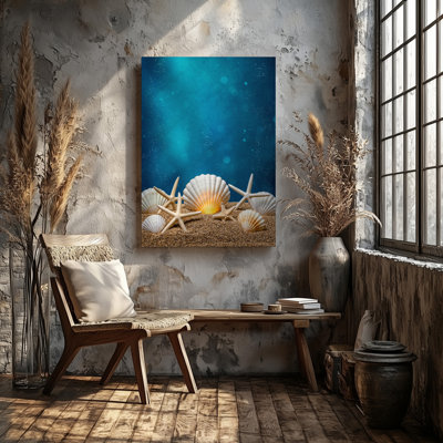 Toile, "Scène sous-marine vibrante" avec une rangée de coquillages et art mural, étoile de mer éparpillée sur un fond de sable océan