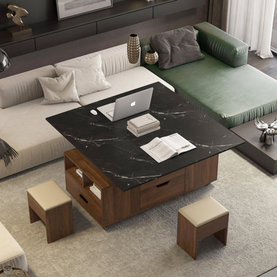Table basse relevable moderne avec 2 tabourets pour le salon, rangement dissimulé et tiroirs, table de salle à manger pliante et peu encombrante