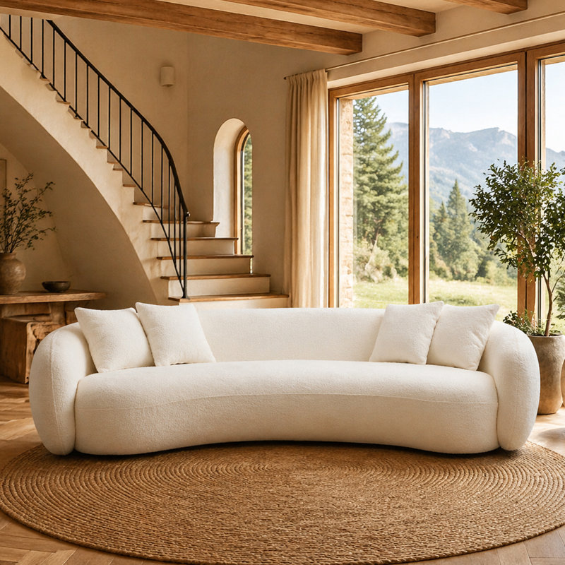 102"W 5-Seater Curved Sectional Sofas Modern Half-Moon Comfy Boucle Couch for Apartment Living Room,White, White