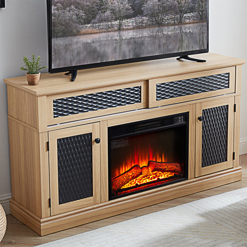 Embossed Pattern TV Stand With 23" Fireplace Insert, Light Oak