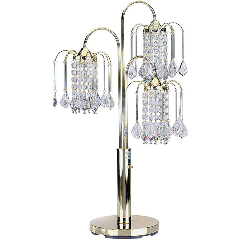 Lampe de table 34 po en métal avec finition laiton, 3 lustres en cristal