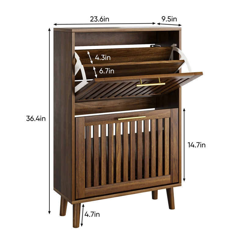 23.6-Inch Walnut Shoe Cabinet, Medieval Modern Independent Shoe Cabinet, Fence Shoe Cabinet With 2 Flip Drawers, Suitable For Corridors And Entrances
