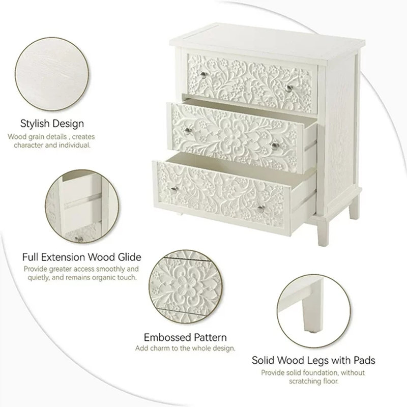 Bungalow Rose Farmhouse Fully-Assembled Nightstand With 3-Drawer, Flower Motif End Table For Small Spaces, French Country, Modern, Distressed Finish, White-Washed