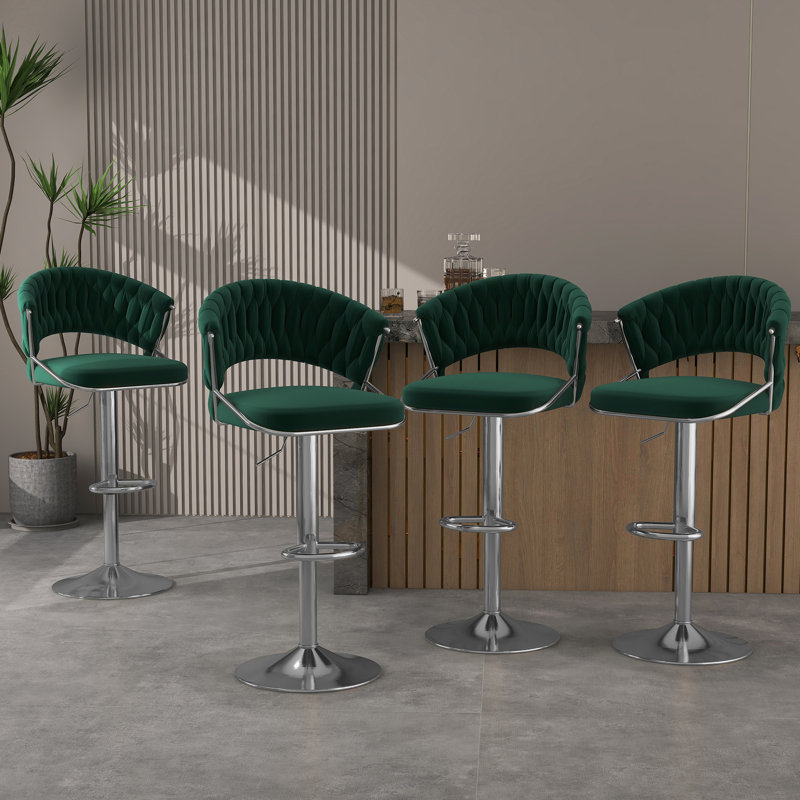 Christal Height Adjustable Swivel Bar Stool, Silver, Dark Green