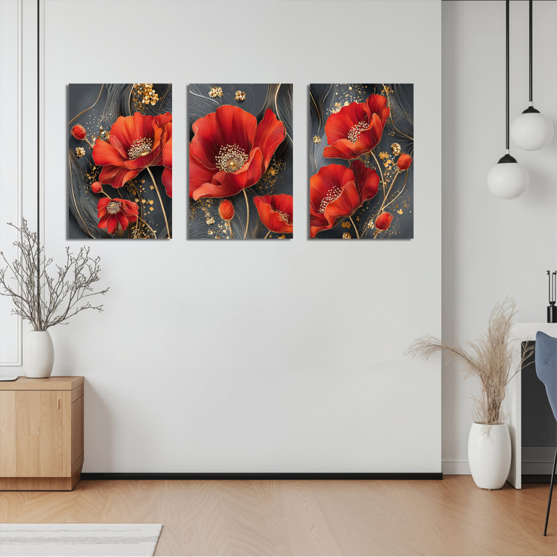 «Red Poppy», reproduction d'art sur toile tendue sur toile, ensemble de 3, H 36 po x l 72 po