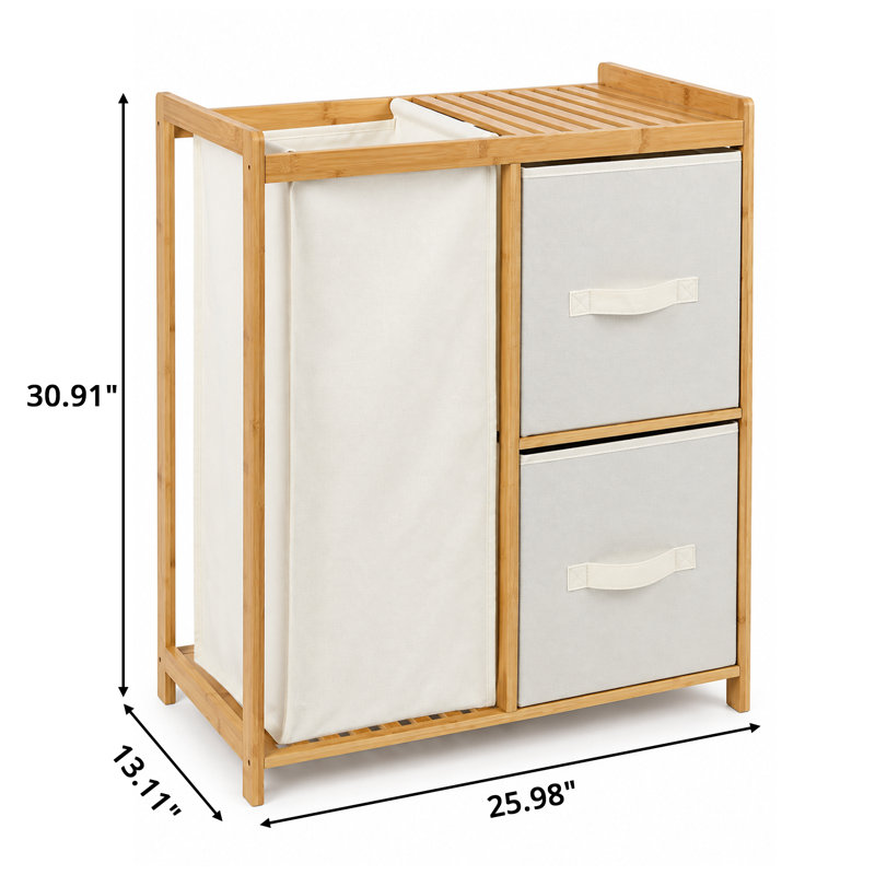 Bamboo Laundry Sorter with 1 Large Hamper & 2 Fabric Drawers, Multi-Functional Bathroom Storage Organizer