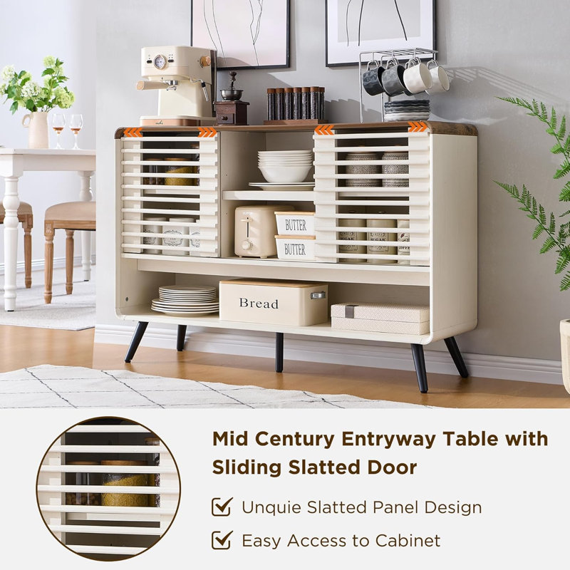 46" Breathable Storage Sideboard with adjustable shelves & Slatted Sliding Door, Brown/White