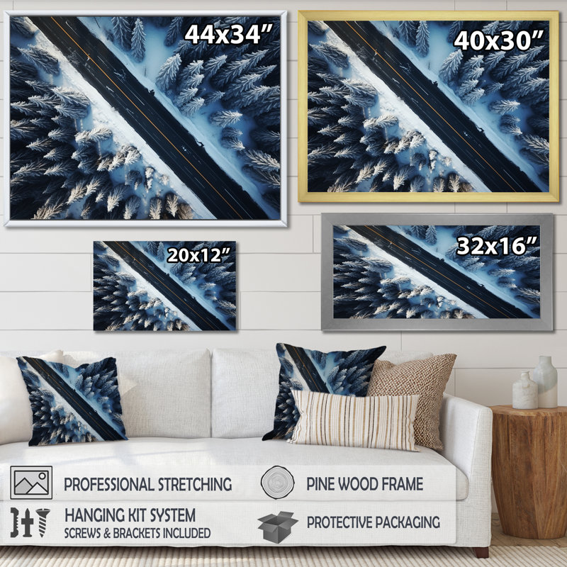 Route sans fin vers la forêt hivernale II - parcours, fresque murale, Cadre de coin blanc fermé, H 34 po x l 44 po x P 1,5 po