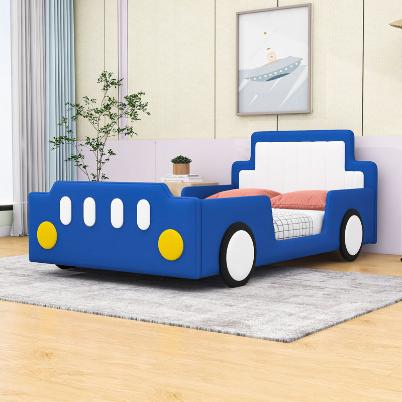 Upholstered Twin Race Car-Inspired Platform Bed With Guardrails And Sturdy Slats, Blue