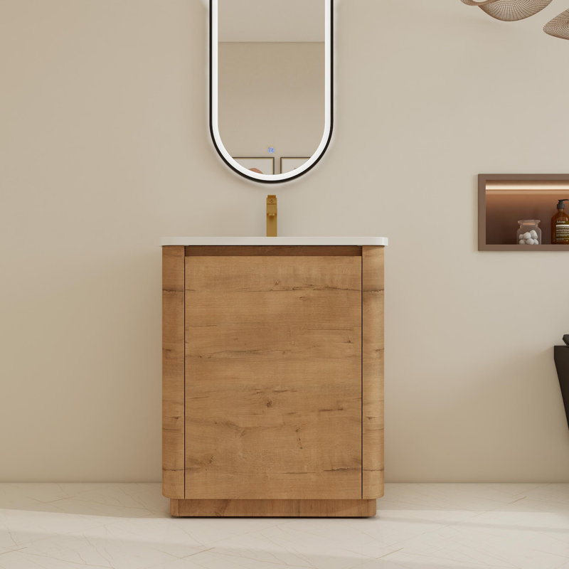 Free-Standing Single Bathroom Vanity Set With Ceramic Sink And Adjustable Shelf, Brun, 28"