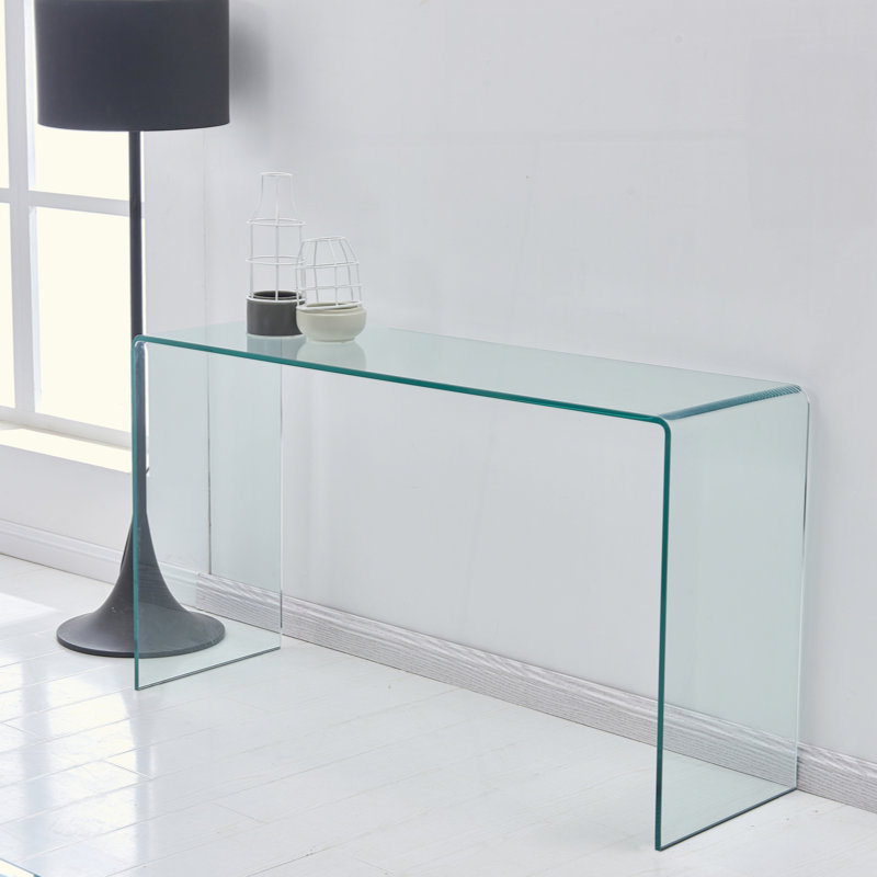 Console en verre, console en verre trempé transparent avec bureaux à bords arrondis, table de canapé