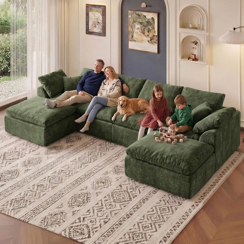 Canapé modulaire sans os de 139 po, canapé en U sans assemblage en tissu de chenille de qualité supérieure, mousse à mémoire de forme à haute densité, support de 1200 lb, conception modulaire à mouvement libre, lit de jour de salon, vert