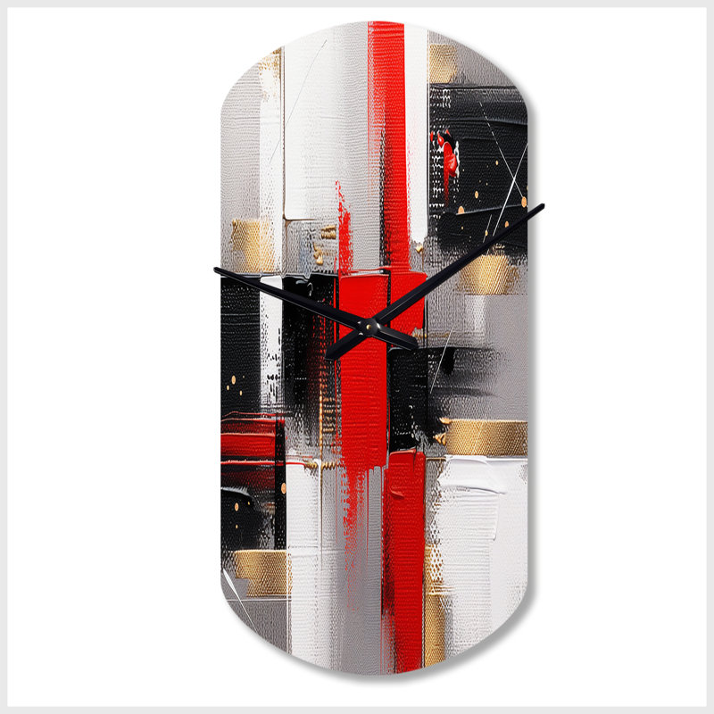 Rouge et or abstrait cubique I - horloge murale cylindrique en métal, impression d'horloge murale asymétrique moderne, Petit