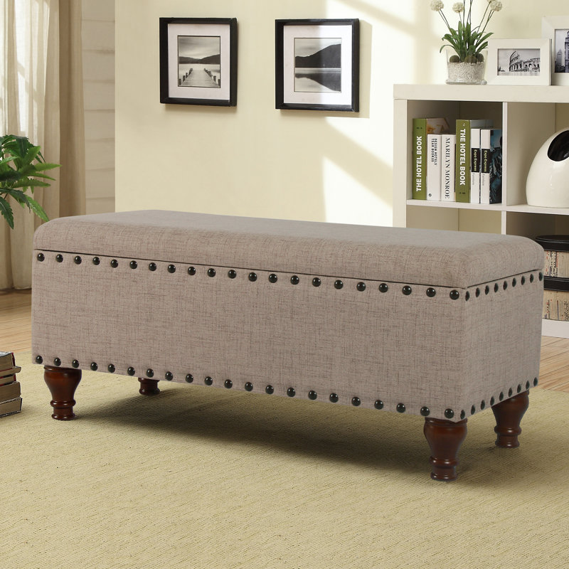 Collantes Upholstered Storage Bench, Tan/Mottled Brown Nailhead
