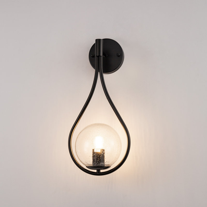 Bakkedahl 1-Light Wrought Iron Armed Sconce with Frosted Glass Shade, Clear, Black