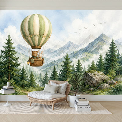 Wall Mural Peel and Stick Wallpaper Whimsical Forest Adventure Bear Snail Hot Air Balloon Watercolor Self-Adhesive Removable Contact Paper Wall Decor for Living Room Bedroom 100"H x 144"W