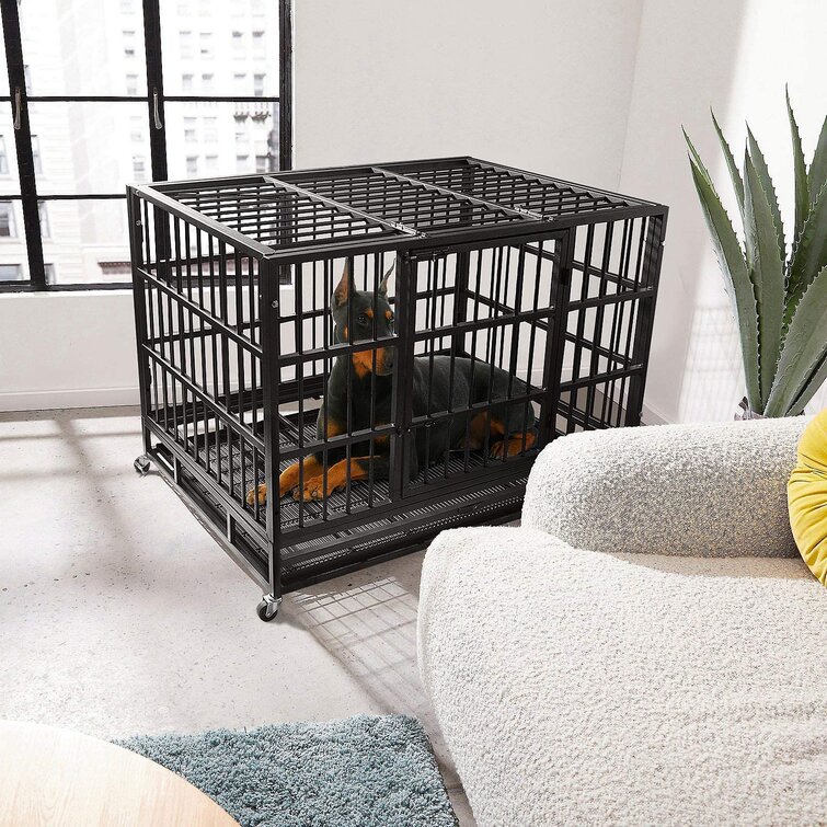 Adrihana Heavy Duty Dog Crate Cage with Lockable Wheels, Large Dog Kennel Indoor with Removable Tray