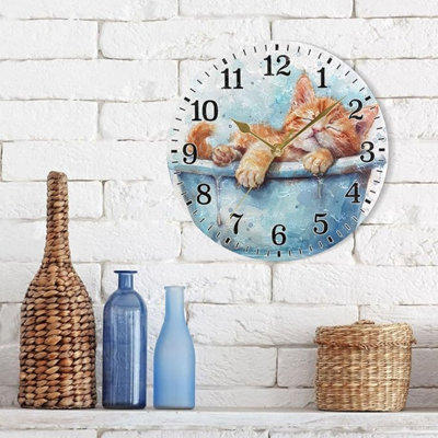 JUNZAN Drôle adorable chaton dans la baignoire Détente ronde Horloges de salle de bain Horloges pour la vie Horloge murale extérieure de 10 pouces pour les enfants pour la chambre de bébé