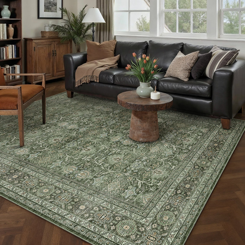 Tapis vert lavable à la machine pour le salon avec envers antidérapant Kitty, Rectangle 6 pi x 9 pi