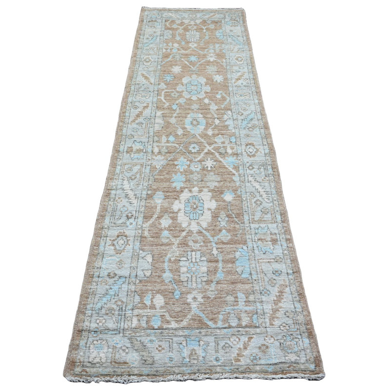 Tapis de couloir oriental 2 pi 9 po x 9 pi 6 po brun amande, motif angus afghan Oushak avec motif de feuilles, teinture végétale, noué à la main 100% laine