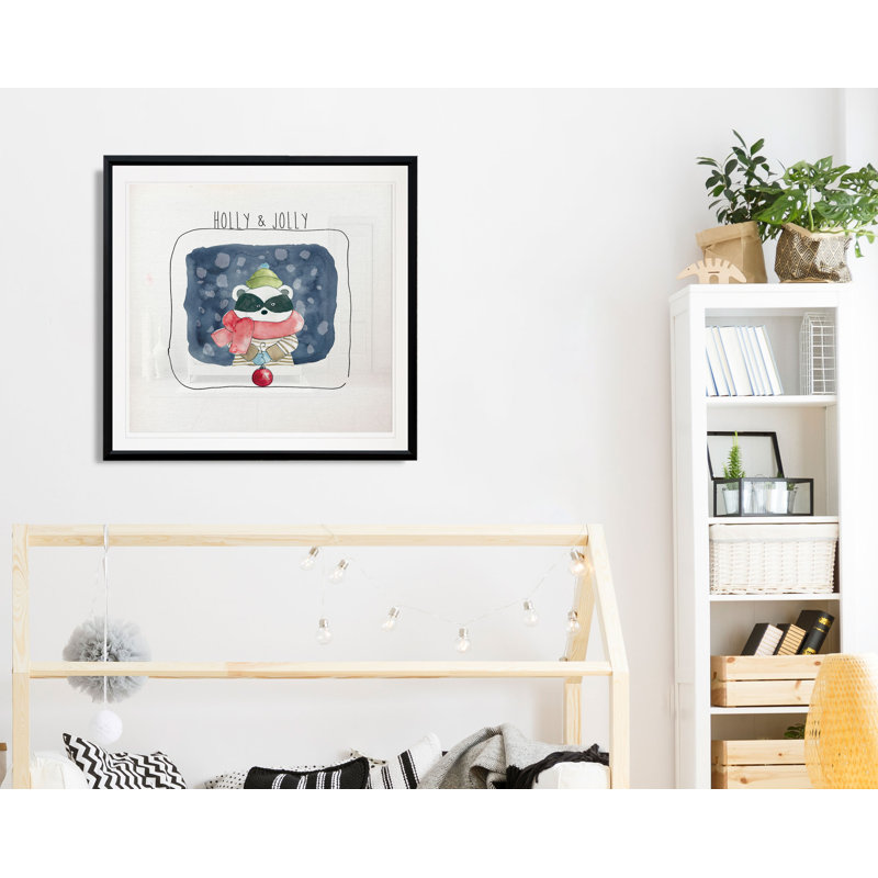 Raton laveur de Noël - art sur toile, H 17,5 po x l 17,5 po x P 1,5 po, Cadre plastique noir