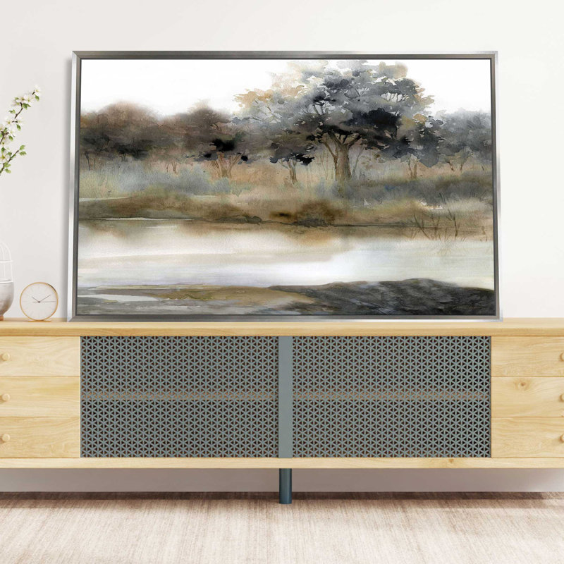 «Silent Waters II» par Carol Robinson, peinture, L 63,5 po x H 39,5 po, Encadrement argenté