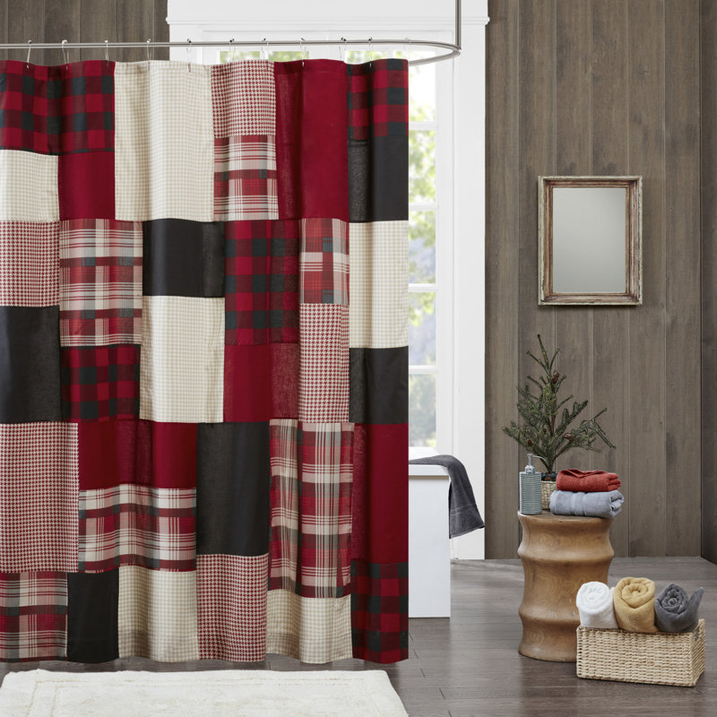 Sunset Patchwork Multicolor Cotton Shower Curtain with Liner