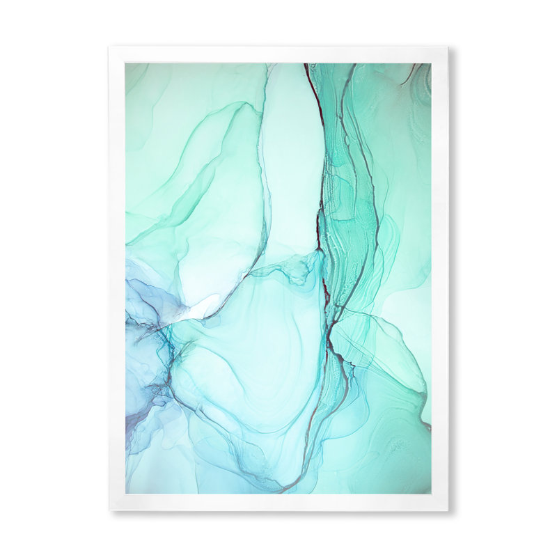 «Turquoise and Green Marble Waves II», œuvre d'art moderne sur toile, H 12 po x l 8 po x P 1 po, Toile avec cadre blanc